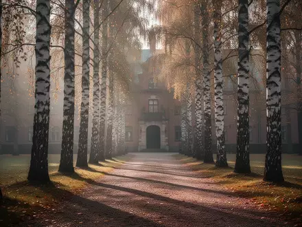Eine von Birken gesäumte Allee im Herbstlicht, die zu einem historischen Gebäude führt. - Foto: über boerse-global.de