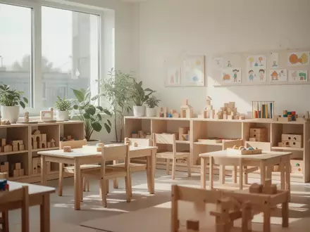 Ein heller, modern gestalteter Gruppenraum in einer Kindertagesstätte mit naturnahen Holzmöbeln und geordneten Spielmaterialien. - Foto: über boerse-global.de