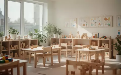 Ein heller, modern gestalteter Gruppenraum in einer Kindertagesstätte mit naturnahen Holzmöbeln und geordneten Spielmaterialien. - Foto: über boerse-global.de