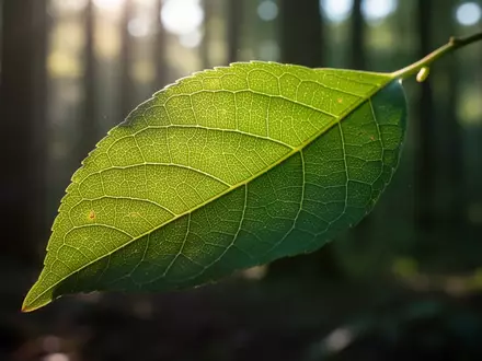 Nahaufnahme eines grünen Blattes im Sonnenlicht, das die feinen Zellstrukturen und Blattadern vor einem unscharfen Waldhintergrund zeigt. - Foto: über boerse-global.de