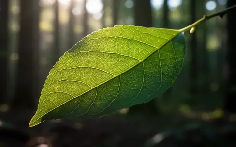 Nahaufnahme eines grünen Blattes im Sonnenlicht, das die feinen Zellstrukturen und Blattadern vor einem unscharfen Waldhintergrund zeigt. - Foto: über boerse-global.de