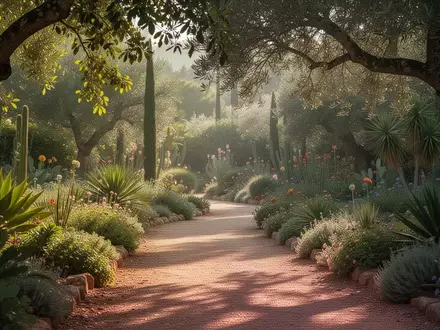 Ein sonnendurchfluteter Gartenpfad umgeben von üppiger Vegetation und mediterranen Pflanzen. - Foto: über boerse-global.de