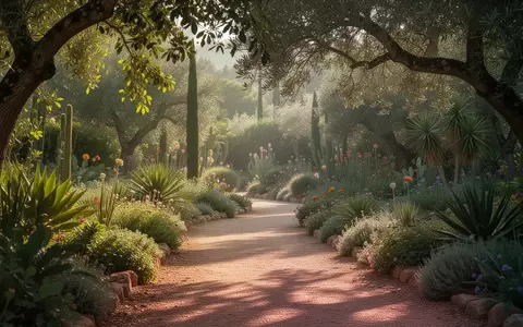 Ein sonnendurchfluteter Gartenpfad umgeben von üppiger Vegetation und mediterranen Pflanzen. - Foto: über boerse-global.de