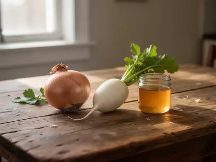 Frische Zwiebeln, ein Rettich und ein Glas Honig auf einem Holztisch in einer hellen Küche. - Foto: über boerse-global.de