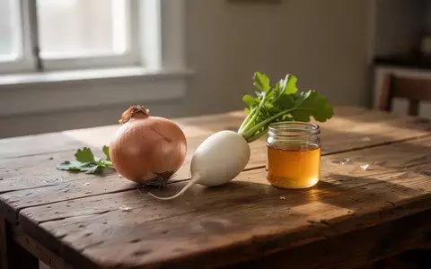 Frische Zwiebeln, ein Rettich und ein Glas Honig auf einem Holztisch in einer hellen Küche. - Foto: über boerse-global.de