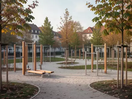 Ein moderner öffentlicher Bewegungspfad mit Fitnessgeräten und neu gepflanzten Bäumen in einer Parkanlage bei Tageslicht. - Foto: über boerse-global.de