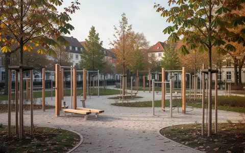 Ein moderner öffentlicher Bewegungspfad mit Fitnessgeräten und neu gepflanzten Bäumen in einer Parkanlage bei Tageslicht. - Foto: über boerse-global.de