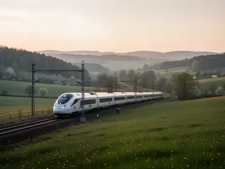 Ein moderner Schnellzug fährt durch eine ländliche Landschaft in Deutschland bei Sonnenaufgang. - Foto: über boerse-global.de