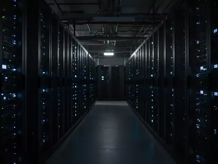 Dunkler, moderner Serverraum mit blauen Statusleuchten in langen Regalreihen, die eine kühle, industrielle Atmosphäre erzeugen. - Foto: über boerse-global.de