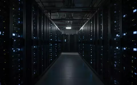 Dunkler, moderner Serverraum mit blauen Statusleuchten in langen Regalreihen, die eine kühle, industrielle Atmosphäre erzeugen. - Foto: über boerse-global.de