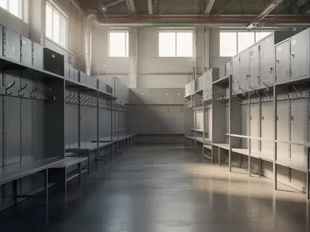 Leere, minimalistische Industriegarderobe mit grauen Stahlschränken und Betonboden in einer Fabrik. - Foto: über boerse-global.de
