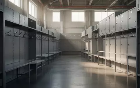 Leere, minimalistische Industriegarderobe mit grauen Stahlschränken und Betonboden in einer Fabrik. - Foto: über boerse-global.de