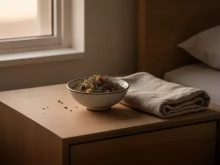 Ein minimalistischer Nachttisch mit einer kleinen Schale aus getrockneten Heilkräutern und einem Leinentuch im weichen Morgenlicht. - Foto: über boerse-global.de