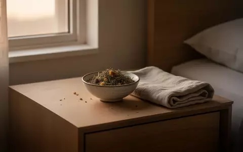 Ein minimalistischer Nachttisch mit einer kleinen Schale aus getrockneten Heilkräutern und einem Leinentuch im weichen Morgenlicht. - Foto: über boerse-global.de