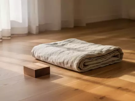 Eine minimalistische, lichtdurchflutete Räumlichkeit mit einer ordentlich gefalteten Decke und einem Holzblock auf einem Holzboden. - Foto: über boerse-global.de