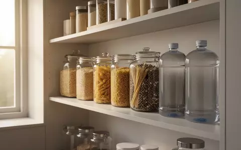 Ein ordentlich eingerichtetes Vorratsregal mit haltbaren Lebensmitteln und Wasserbehältern in einer hellen Küche. - Foto: über boerse-global.de