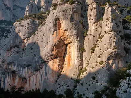 Steile, zerklüftete Kalksteinfelswand im Sonnenlicht in der Verdon-Schlucht. - Foto: über boerse-global.de