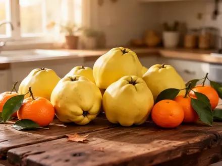Frische Quitten und Mandarinen auf einem rustikalen Holztisch im herbstlichen Licht - Foto: über boerse-global.de
