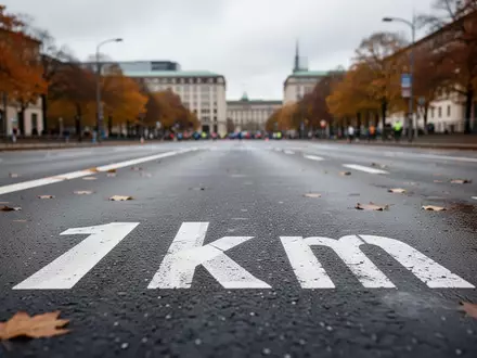 Leere Asphaltfläche einer Marathonstrecke in Berlin mit weißen Bodenmarkierungen bei bewölktem Himmel. - Foto: über boerse-global.de