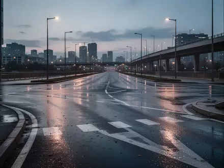Eine verlassene, regennasse Straßenkreuzung in der Dämmerung, umgeben von moderner städtischer Infrastruktur. - Foto: über boerse-global.de