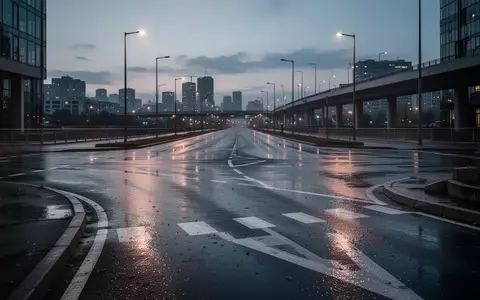 Eine verlassene, regennasse Straßenkreuzung in der Dämmerung, umgeben von moderner städtischer Infrastruktur. - Foto: über boerse-global.de