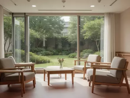 Ein heller, freundlicher Aufenthaltsraum in einer Tagespflegeeinrichtung mit Blick in einen grünen Garten. - Foto: über boerse-global.de