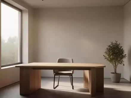 Ein minimalistisch eingerichtetes Heimbüro mit einem leeren Schreibtisch und natürlichem Lichteinfall durch ein großes Fenster. - Foto: über boerse-global.de