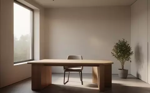 Ein minimalistisch eingerichtetes Heimbüro mit einem leeren Schreibtisch und natürlichem Lichteinfall durch ein großes Fenster. - Foto: über boerse-global.de