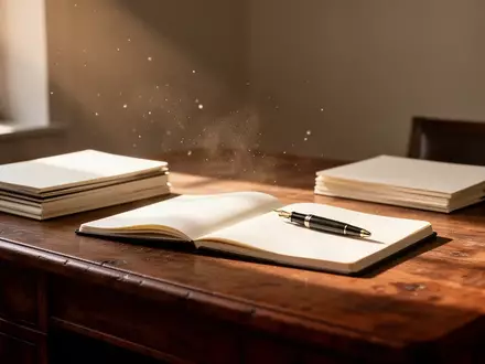 Ein minimalistischer Schreibtisch mit offenen Notizbüchern und einem Füller in natürlichem Sonnenlicht. - Foto: über boerse-global.de