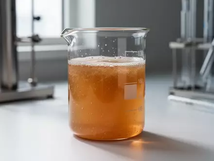 Ein Laborbecher mit einer fermentierten Flüssigkeit steht auf einem weißen Labortisch vor unscharfen Laborgeräten. - Foto: über boerse-global.de