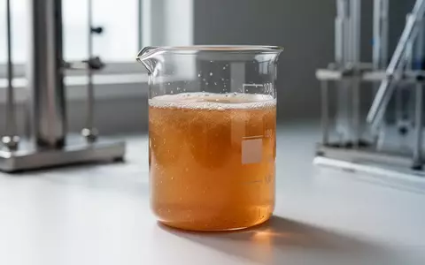 Ein Laborbecher mit einer fermentierten Flüssigkeit steht auf einem weißen Labortisch vor unscharfen Laborgeräten. - Foto: über boerse-global.de