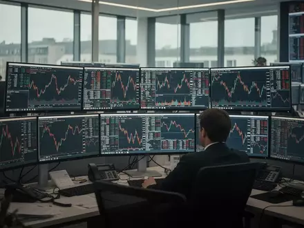 Blick auf einen modernen Handelsplatz mit Finanzdaten auf Monitoren und gedämpfter Lichtstimmung. - Foto: über boerse-global.de