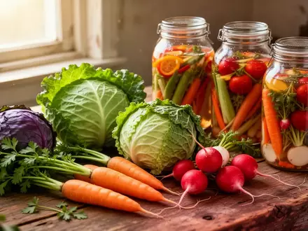 Verschiedene frische Gemüsesorten und traditionelle Einmachgläser mit fermentiertem Inhalt auf einem Holztisch. - Foto: über boerse-global.de