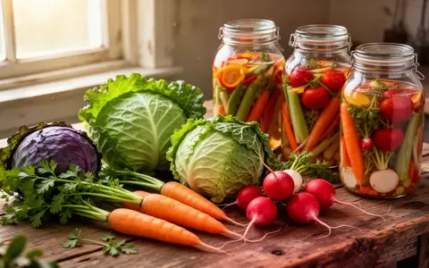 Verschiedene frische Gemüsesorten und traditionelle Einmachgläser mit fermentiertem Inhalt auf einem Holztisch. - Foto: über boerse-global.de