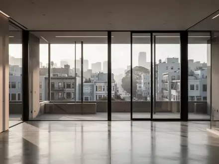 Ein minimalistischer, moderner Innenraum mit poliertem Betonboden und großen Fenstern in San Francisco bei Tageslicht. - Foto: über boerse-global.de
