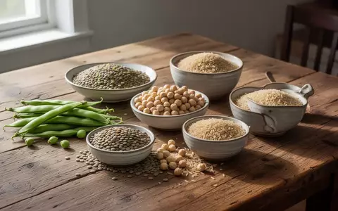 Eine Auswahl an frischen Hülsenfrüchten und Getreide in Keramikschalen auf einem Holztisch bei natürlichem Licht. - Foto: über boerse-global.de