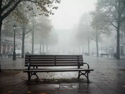 Eine leere Parkbank auf einem öffentlichen Platz bei nebligem Wetter, die eine Atmosphäre von Isolation und Melancholie vermittelt. - Foto: über boerse-global.de