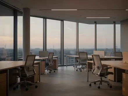 Ein minimalistisch gestalteter, leerer BĂĽroarbeitsplatz mit moderner Architektur und sanftem Tageslichteinfall. - Foto: ĂĽber boerse-global.de