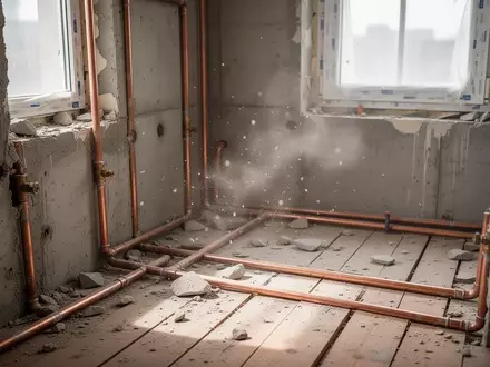 Eine Baustelle in einem Wohngebäude mit freiliegenden Rohren, Betonwänden und Bauschutt während einer Modernisierung. - Foto: über boerse-global.de