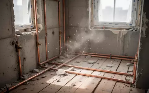Eine Baustelle in einem Wohngebäude mit freiliegenden Rohren, Betonwänden und Bauschutt während einer Modernisierung. - Foto: über boerse-global.de