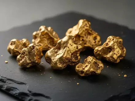 Nahaufnahme von rohen Goldnuggets auf einer dunklen Schieferoberfläche. - Foto: über boerse-global.de