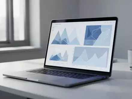 Ein moderner, minimalistischer Arbeitsplatz mit einem Laptop, auf dessen Bildschirm abstrakte Datenvisualisierungen zu sehen sind. - Foto: über boerse-global.de