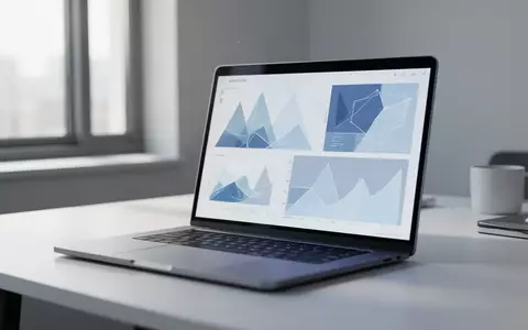 Ein moderner, minimalistischer Arbeitsplatz mit einem Laptop, auf dessen Bildschirm abstrakte Datenvisualisierungen zu sehen sind. - Foto: über boerse-global.de