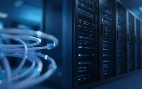 Moderne Serveranlage mit blauem Licht in einem professionellen Rechenzentrum. - Foto: ĂŒber boerse-global.de