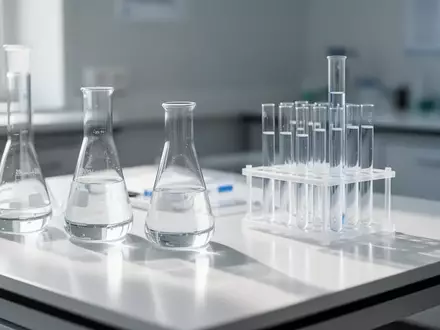 Glaslaborausrüstung auf einem sauberen, weißen Labortisch in einer hellen, klinischen Umgebung. - Foto: über boerse-global.de