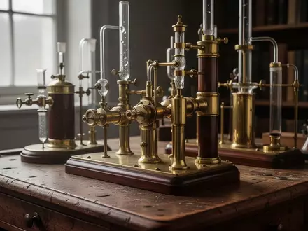 Historische wissenschaftliche Laborapparatur aus Messing und Holz in einem Archivraum. - Foto: über boerse-global.de