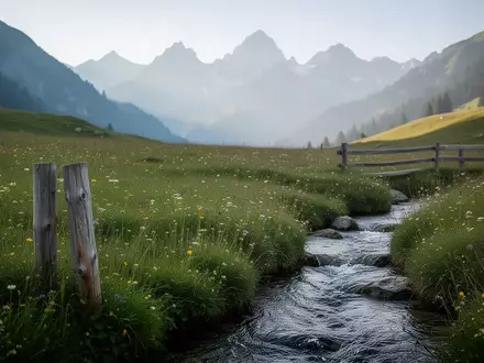 Eine alpine Bergwiese in Tirol mit Wildblumen und Gebirgsbach im weichen Morgenlicht. - Foto: über boerse-global.de