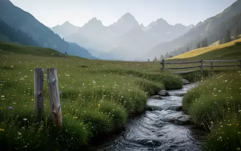 Eine alpine Bergwiese in Tirol mit Wildblumen und Gebirgsbach im weichen Morgenlicht. - Foto: über boerse-global.de