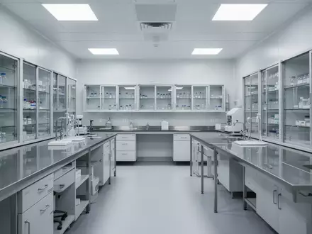 Ein leeres, steriles pharmazeutisches Labor mit Edelstahloberflächen und klinischer Beleuchtung. - Foto: über boerse-global.de