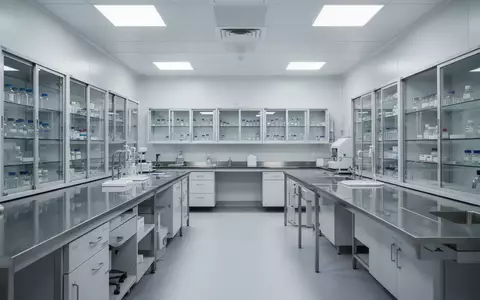Ein leeres, steriles pharmazeutisches Labor mit Edelstahloberflächen und klinischer Beleuchtung. - Foto: über boerse-global.de